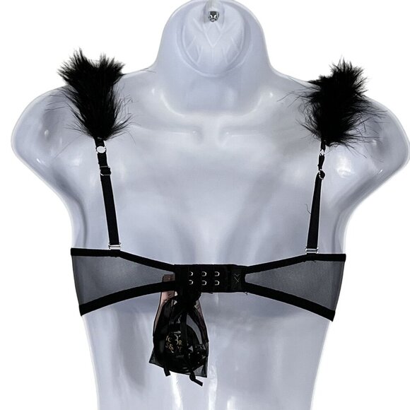 Victorias Secret NWT Demi Bra 32D Black Faux Fur & Solid Straps Sexy Coquette - Picture 2 of 14